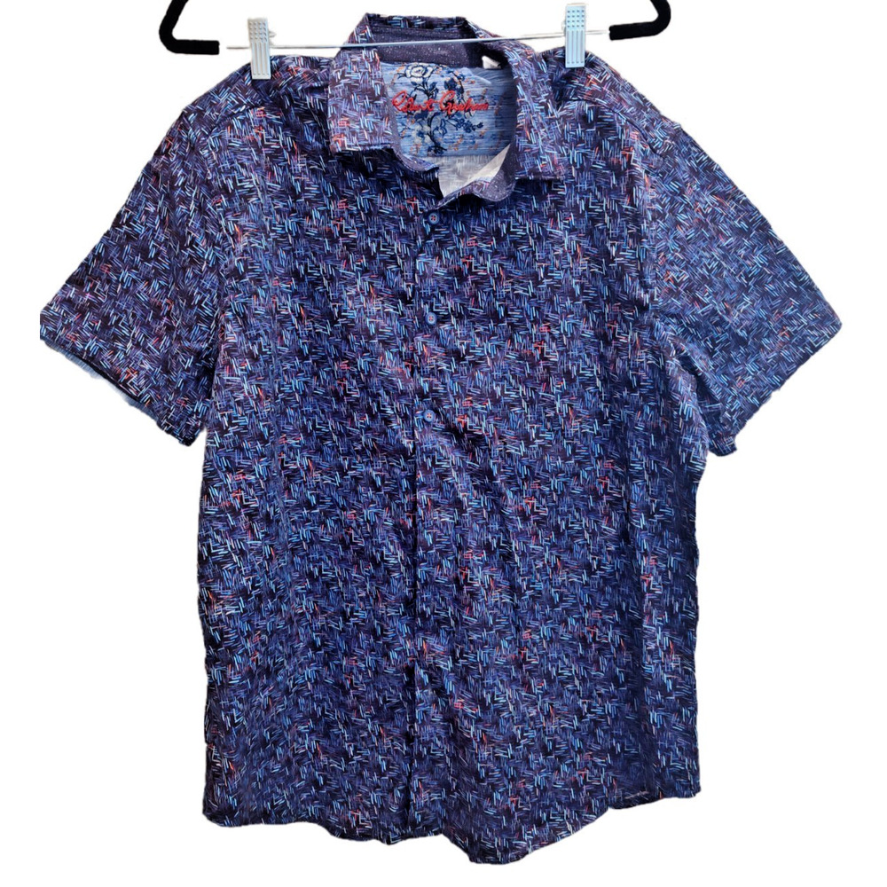 Robert Graham Back Bay Blue Abstract Men's Casual SS‎ Button Down Shirt Size L